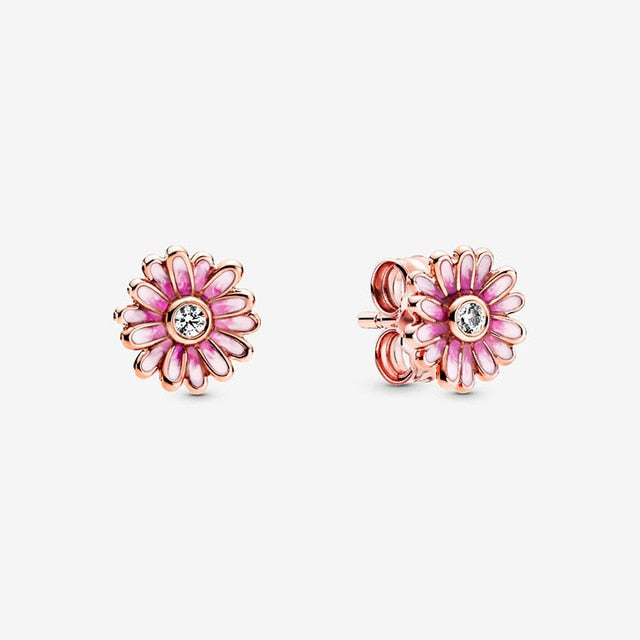 Sterling Silver Earrings Pink Daisy Bloom